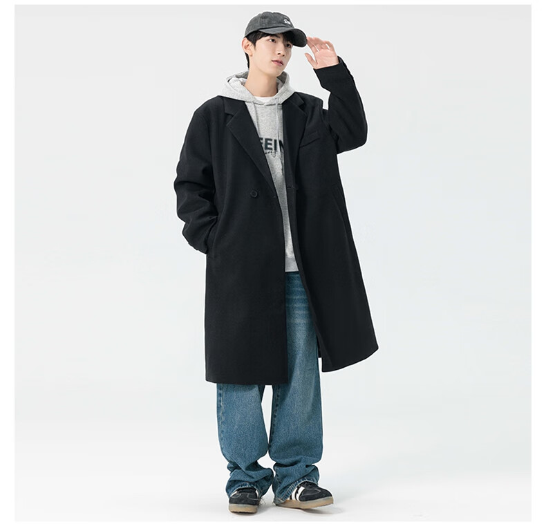 Dingfengbaoluo Men's Woolen Coat Autumn Winter Mid-Length Korean Style High-Quality Loose Over-the-Knee Wool Trench Coat HT88 Black 5XL 9