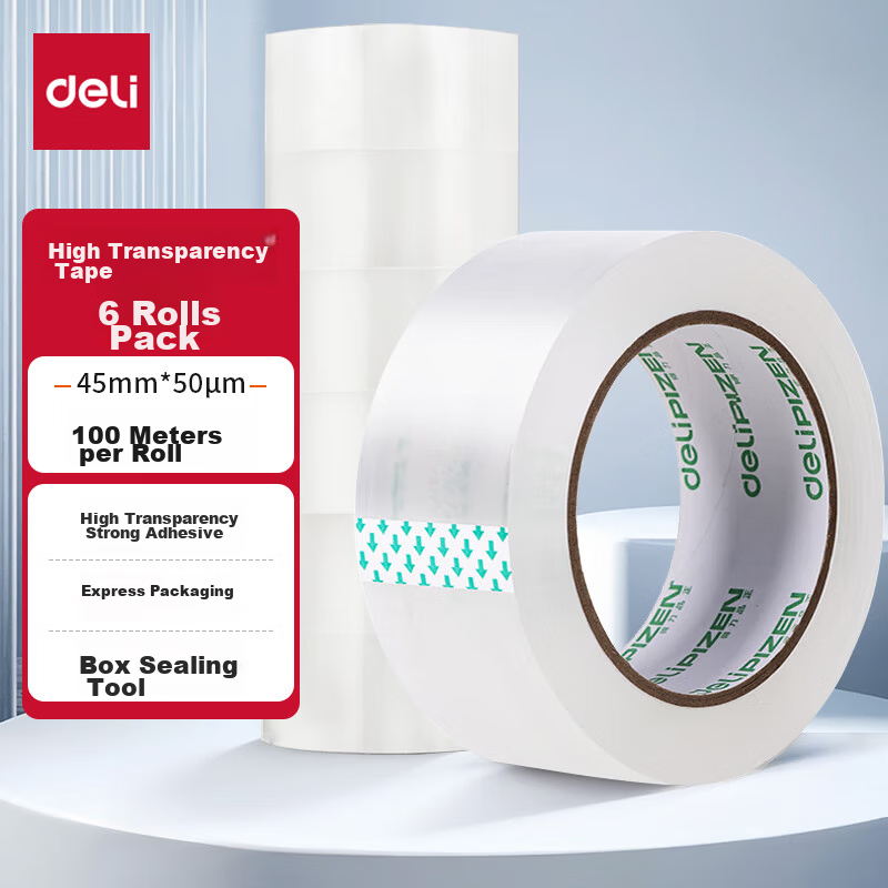Deli High-Quality Transparent Packing Tape, 45mm*100m*50um, 6 Rolls/tube, Office Supplies, 33193