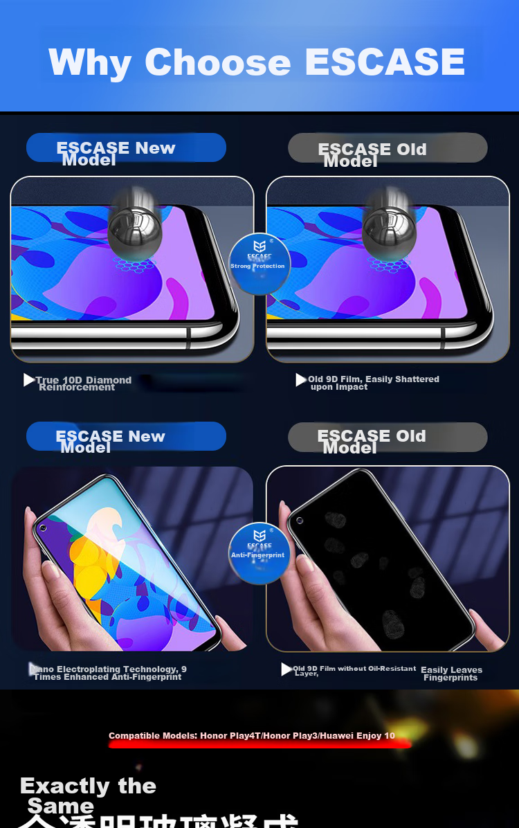 ESCASE Honor Play3/4T Tempered Glass Screen Protector, Huawei Enjoy10 Tempered Glass Film, Full HD High Protection Screen Protector, High Definitio 1