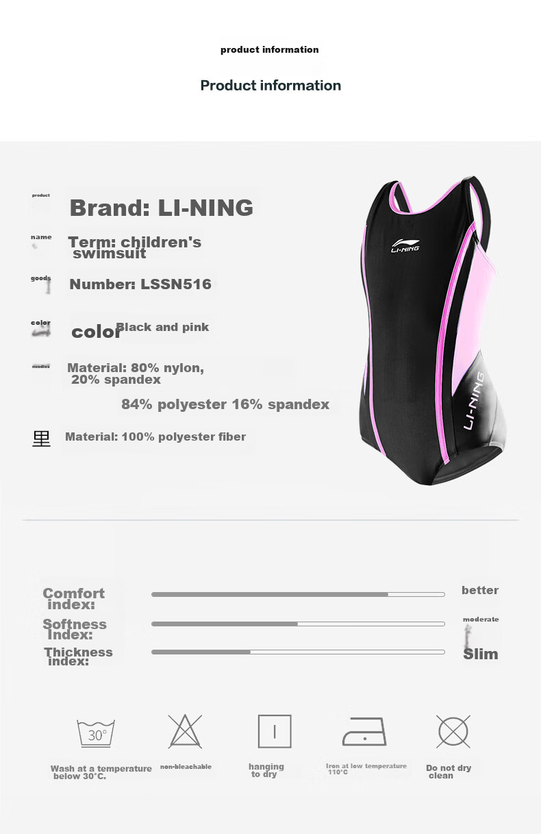 Li-Ning Children's Swimsuit, One-Piece Triangle Swimwear for Girls, Quick-Drying Breathable Professional Training Swimwear 516, Black And Pink, Size 150 8