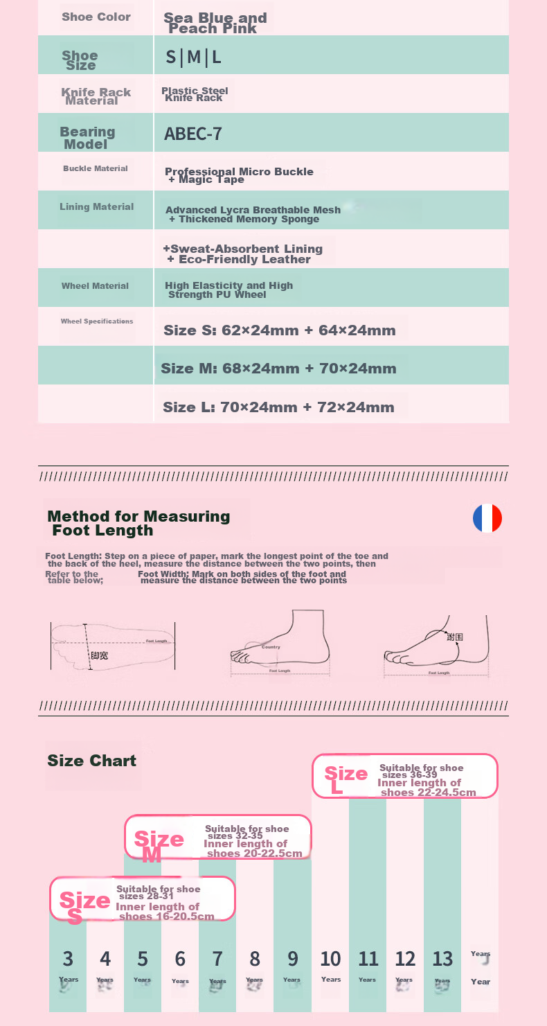 ROADSHOW Kids Roller Skates 6-12 Years Professional Casual Inline Skates S Size Peach Pink Set 23