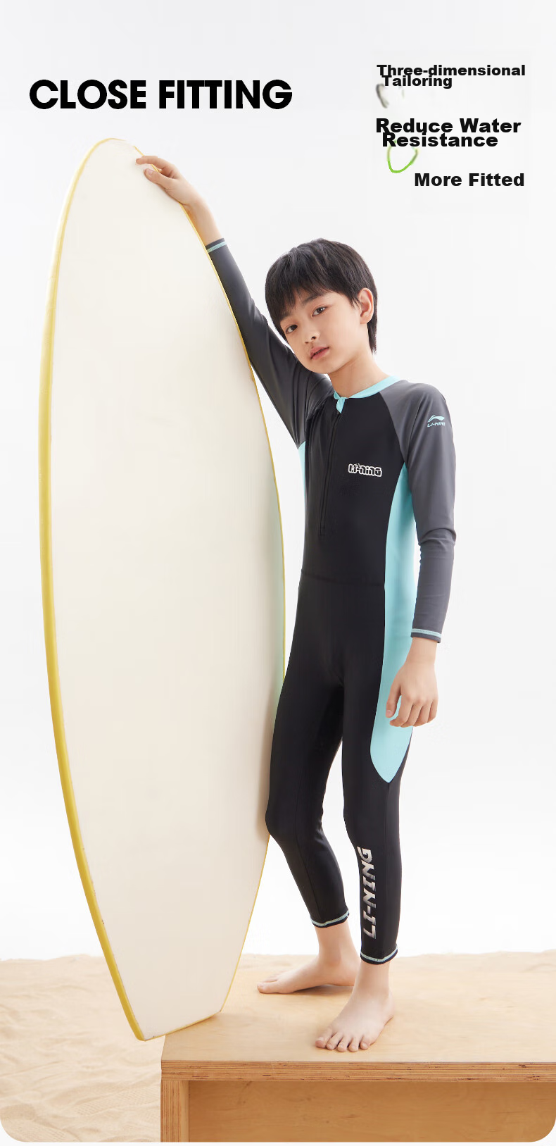 Li-Ning Children's One-Piece Long-Sleeve Swimsuit, Hot Spring Warmth Protection, Sun Protection, Boys' Surfing Suit, Training Swimwear, 8793 Black-Green, Size 150 7