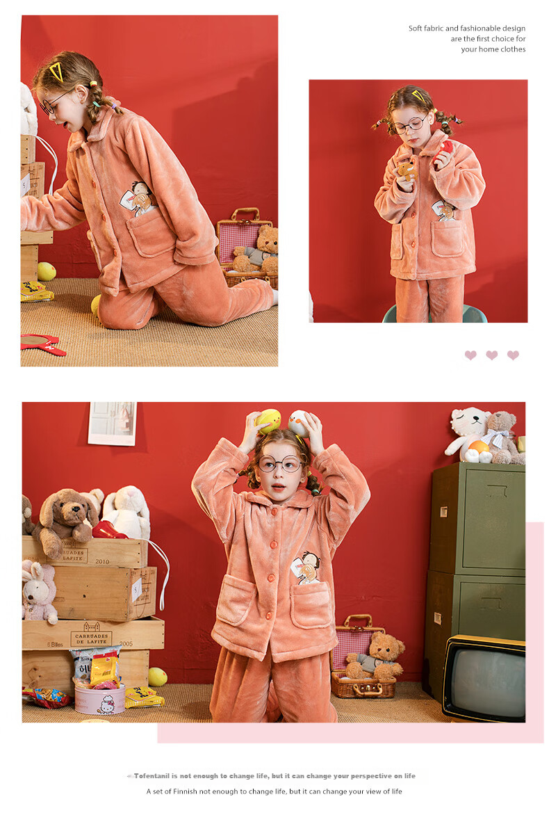 Fenteng Children's Pajamas, Girls' Sleepwear, Fawn Velvet Lapel, Comfortable Embroidered Girls' Pajamas, Loungewear, Q9984741074 12