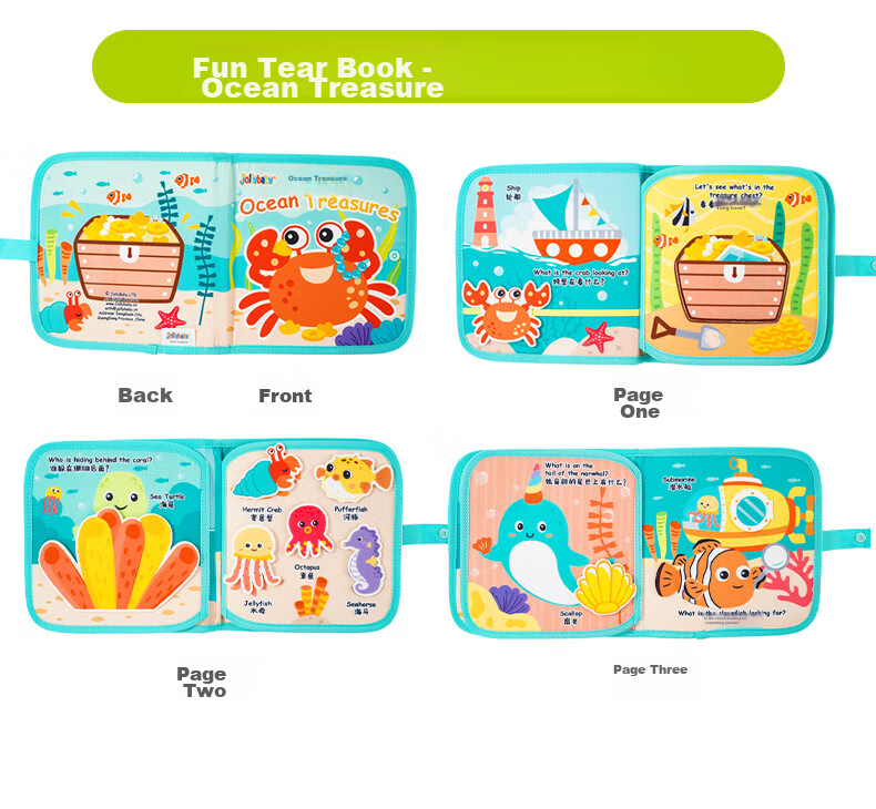 Jollybaby Tear-Resistant Book, Baby-Safe Chewable Cloth Book with Velcro, Early Education Children's Gift, Ocean Treasure 19