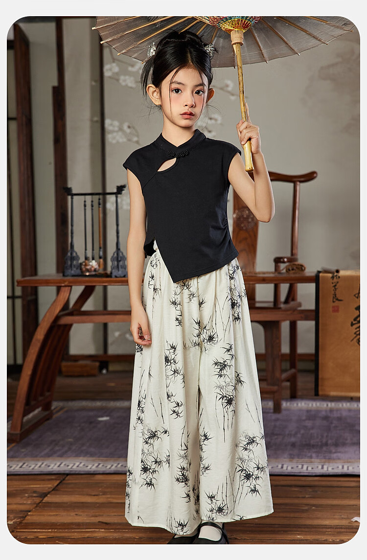 ASK JUNIOR Girls Summer Hanfu Set Chinese Style T-Shirt and Printed Long Pants for Older Kids 15