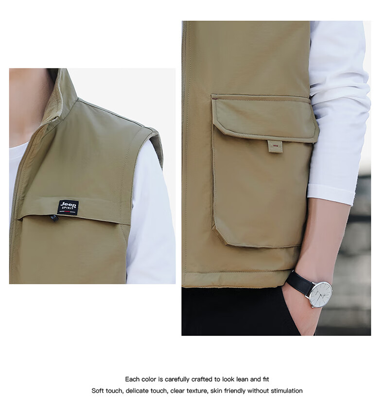 JEEP SPIRIT Fleece-Lined Casual Vest for Men, Spring And Autumn Wear, Two-Way Vest, Workwear Jacket, Khaki, 2XL 11