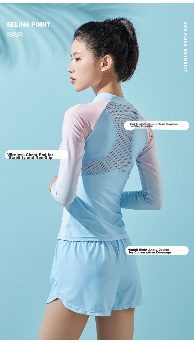 Li-Ning Women's Swimsuit, Sports Casual Two-Piece Swimwear, Fashionable Color-Block Long-Sleeve Hot Spring Resort Swimwear, 072 Blue Pink, 3XL 5