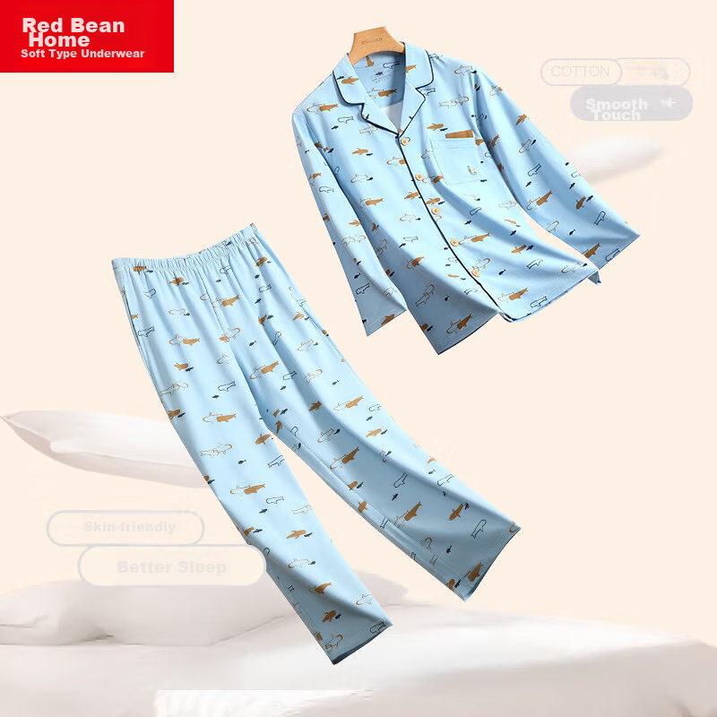 Hongdoujujia Couple's Pajamas, Men And Women Spring And Autumn Long-Sleeve Cotton Spandex High-Elasticity Printed Sleepwear Set, Sky Blue, 175/96A