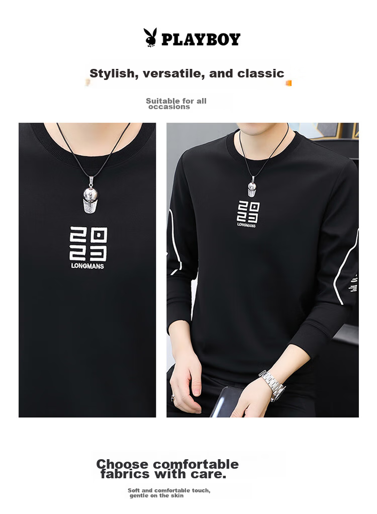 PLAYBOY Sweatshirt, Men's Spring Jacket, Trendy Round Neck Long-Sleeve T-Shirt, Casual Loose Top for Me 5
