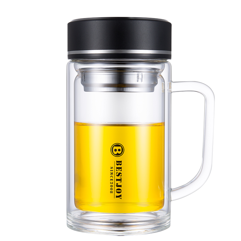 Fuguang Shixi Double-Layer Glass Cup with Handle and Filter, Heat-Resistant Office Mug, Large Capacity 520ml, Black