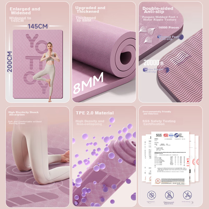 Yottoy Yoga Mat, Extra Large Double Size Thickened Wide Long Non-Slip Floor Mat for Children Home Use Dance Practice Fitness Mat 8mm