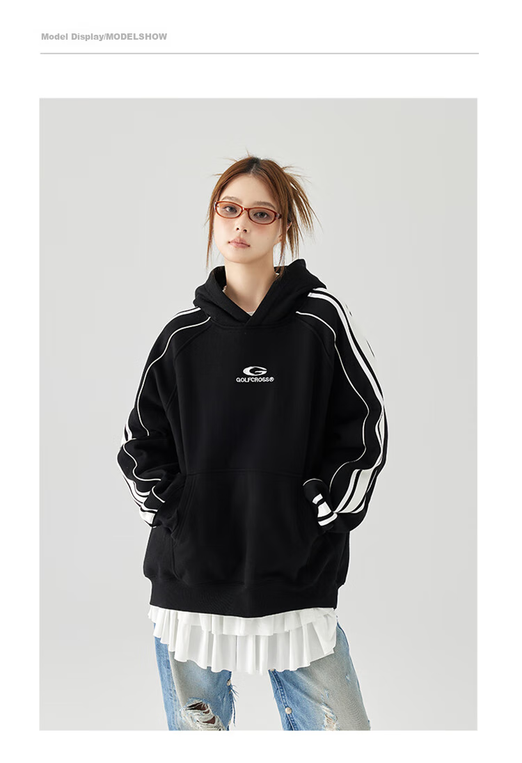 GOLFCROSS Couple's Retro Academic Style Striped Patchwork Color-Block Letter Embroidery Hoodie, Black, XXXL 9