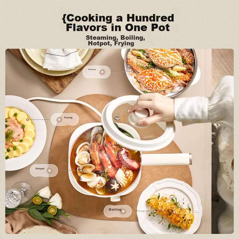 Bear Electric Cooking Pot, Detachable Electric Hot Pot, Small Electric Cooker, Electric Hot Pot, Electric Steamer, Multi-Functional Pot for Student Dormitory, Suitable for Steaming, Boiling, Frying And Stir-Frying, for 2-3 People, with Steamer Basket, 2.5L D25D1