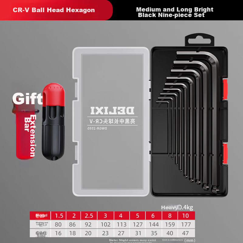 DELIXI Hex Key Set, Internal Hexagon Screwdriver, Flat/ball Head Medium-Long Style, 9 Pieces + Extension Bar