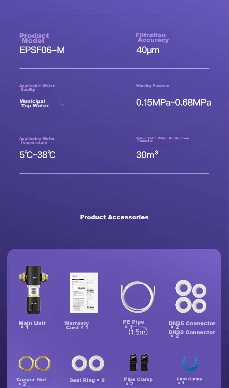 Yikepiao Pre-Filter Water Purifier for Home Use, Whole House Kitchen Under-Sink Pipeline Filtration, High Flow Rate, No Filter Replacement Needed, Lead-Free Dual Turbine Backwash, Explosion-Proof, Freeze-Resistant, Electric-Free Filter Bottle EPSF06-M 14