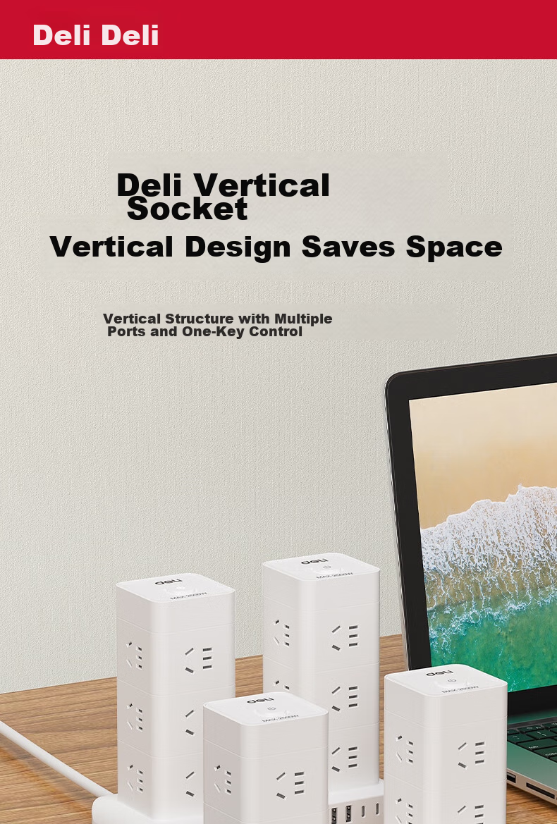 Deli Vertical Power Strip, Power Bar/Extension Cord/Power Board/Line Cord, Master Switch 12 Outlets + 2 USB + 2 TYPE-C, Total Length 1.8 Meters, Overload Protection, LU5054 1