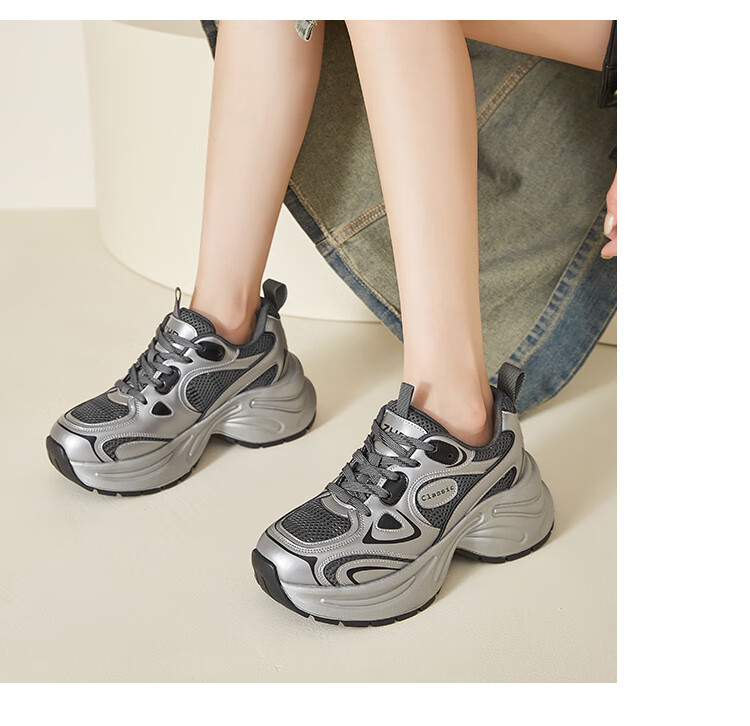 ZHR Dad Shoes for Women, Retro Thick-Soled Casual Shoes, Comfortable Mesh Breathable Sports Shoes for Women, JT07, Silver Gray, Size 37 30