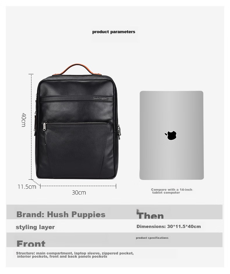 Hush Puppies Leather Backpack for Men, Top-Grain Cowhide Laptop Bag, 14-Inch Business Casual Travel Backpack, Birthday Gift 10