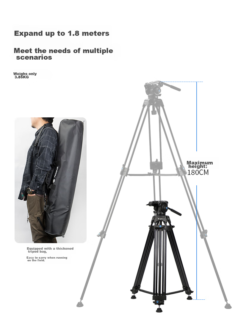Fotopro FV888 Professional Photography And Videography Tripod, DSLR Camera Stand, Shooting Video Live Streaming Tripod, Hydraulic Head Kit, 1.8m/8kg 8