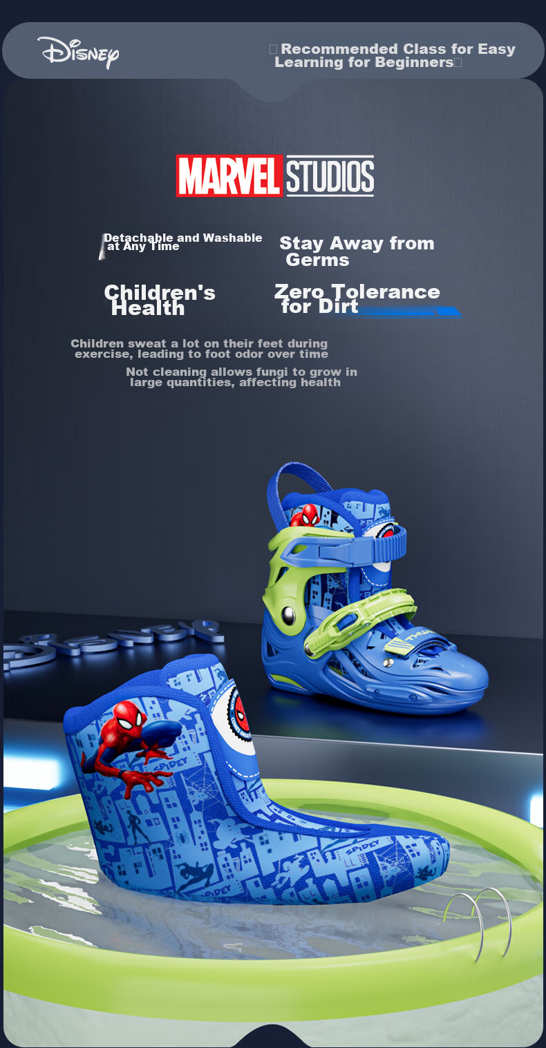 Disney Roller Skates for Children, Professional Girls' And Boys' Beginner Inline Skates, Ice Skating Shoes, Dry Ice Straight-Wheel Roller Skates, Spider-Man Set M 12