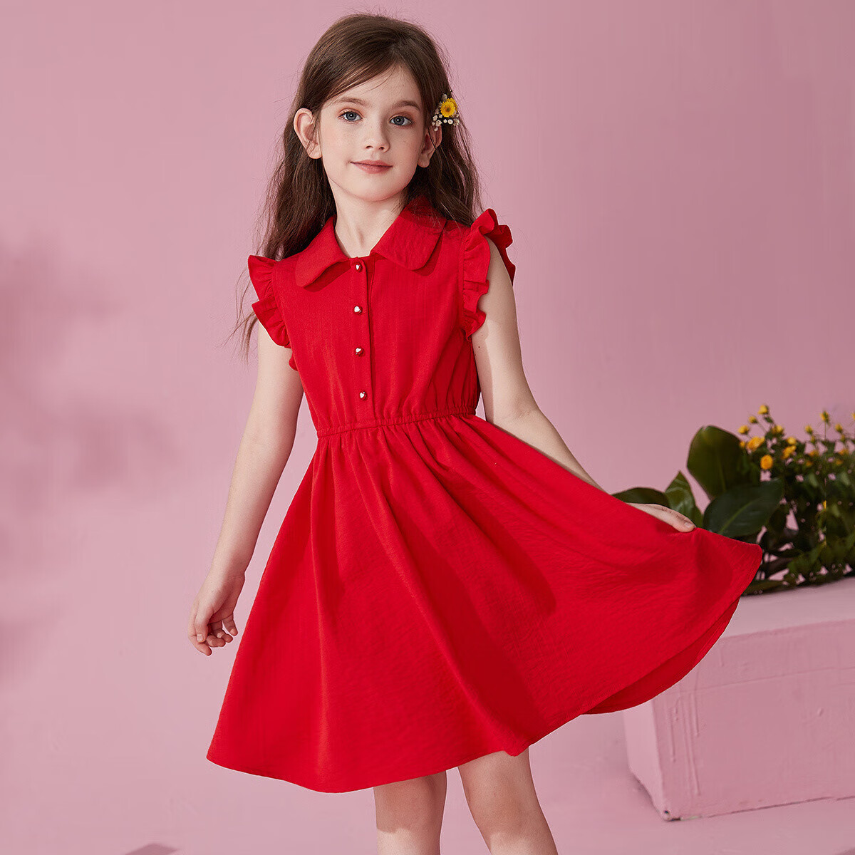 ASK JUNIOR Girls' Summer Dress, Sleeveless Children's Ruffle Trim Thin Shirt Collar Vacation Princess Dress