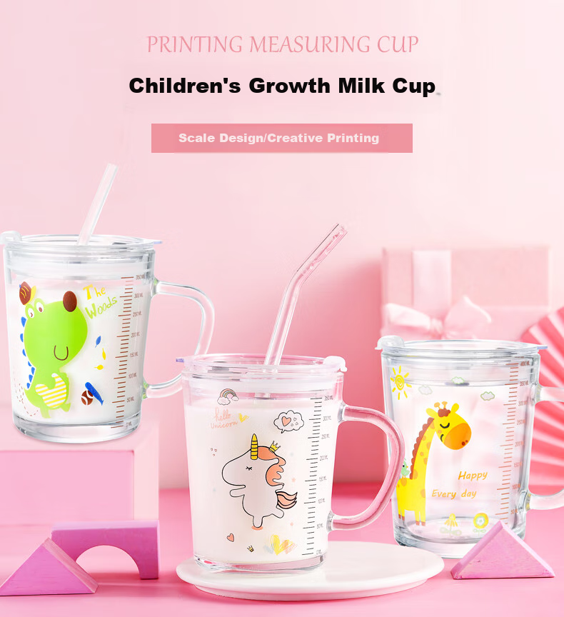 COOKSS Children's Milk Cup Glass Cup Home Drinking Cup with Scale And Straw Water Bottle Baby Formula Mixing Cup Green Dinosaur 1