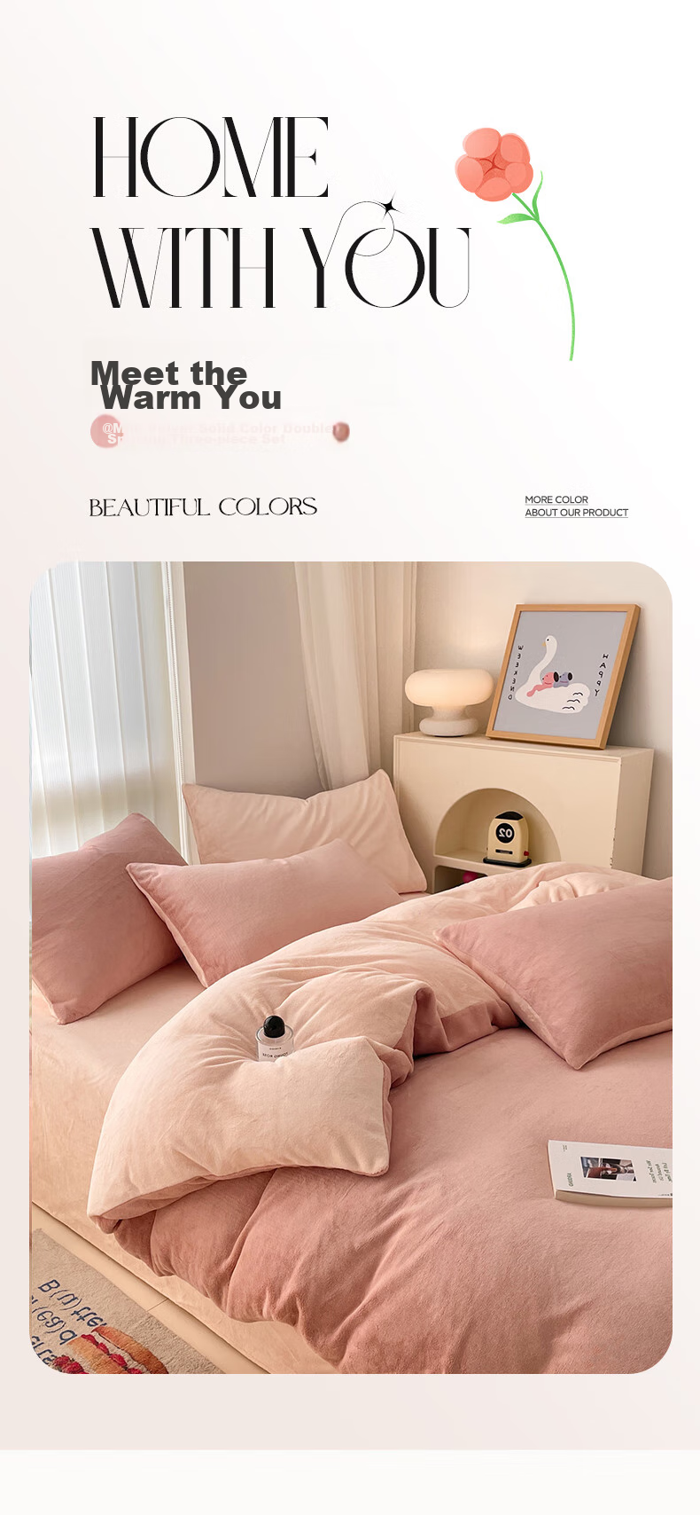 Grace Milk Velvet Three-Piece Set, Flannel Student Dormitory Single Duvet Cover 150*200cm - Cocoa Pink + Fragrant Jade 1