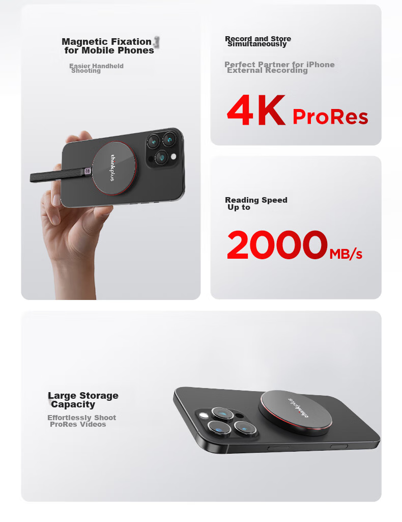 ThinkPlus Lenovo 1TB Magnetic Mobile SSD, Movable Phone, USB3.2 High-Speed Reading 1900MB/S, Portable SSD PSSD, UH100 Xiaofeidan Series 2