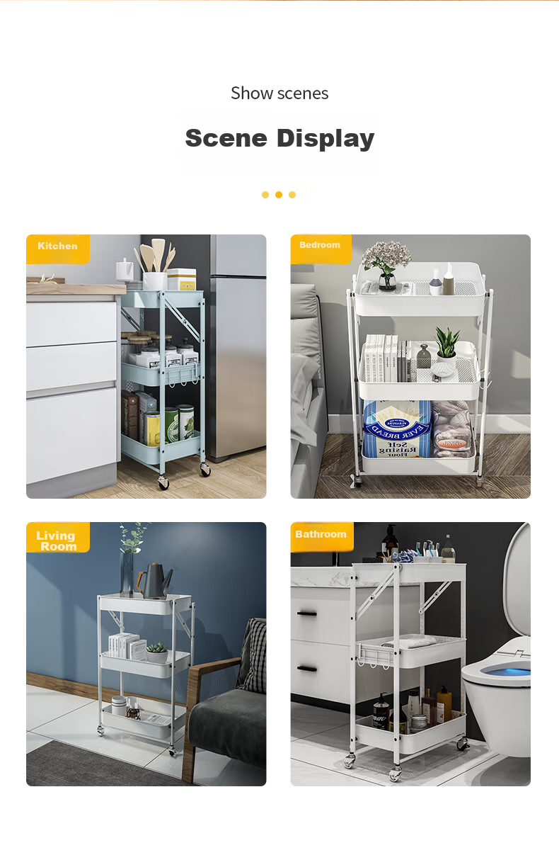 COOKER KING Three-Tier Storage Rack, Foldable Organizer Cart without Installation, Multifunctional Shelf Unit, Floor-Standing Storage Rack, Light Gree 5