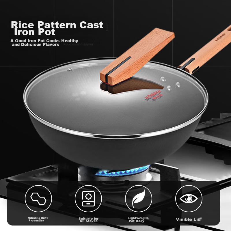KBH Iron Wok, Stainless Steel Stir-Fry Pan without Coating, for Home Cooking, Suitable for Induction And Gas Stoves, 32cm