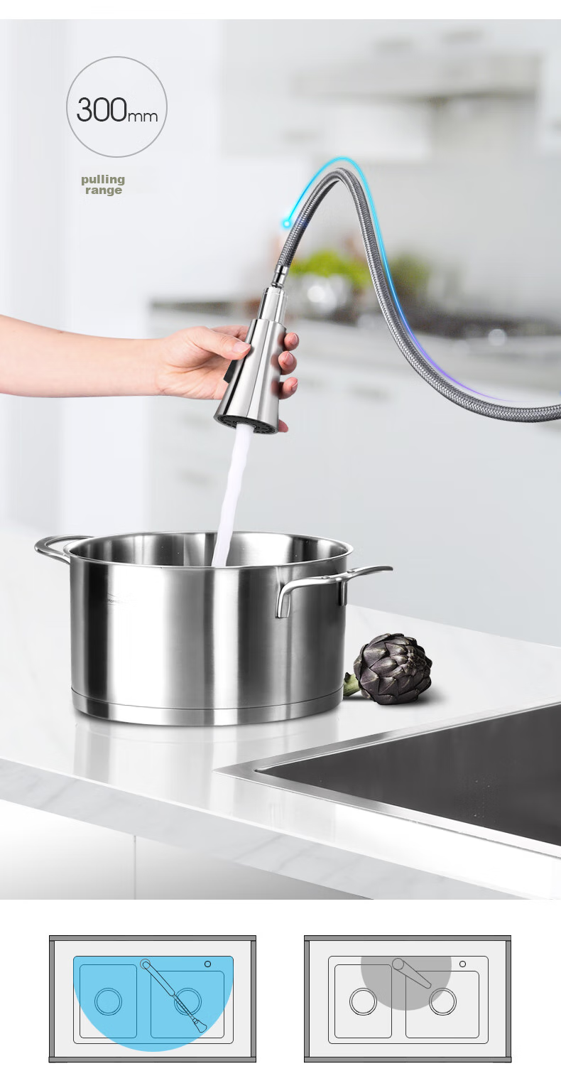HIGOLD Kitchen Stainless Steel Pull-Out Faucet, Sink Hot And Cold Faucet with Automatic Retraction, Classic Brushed Finish 4