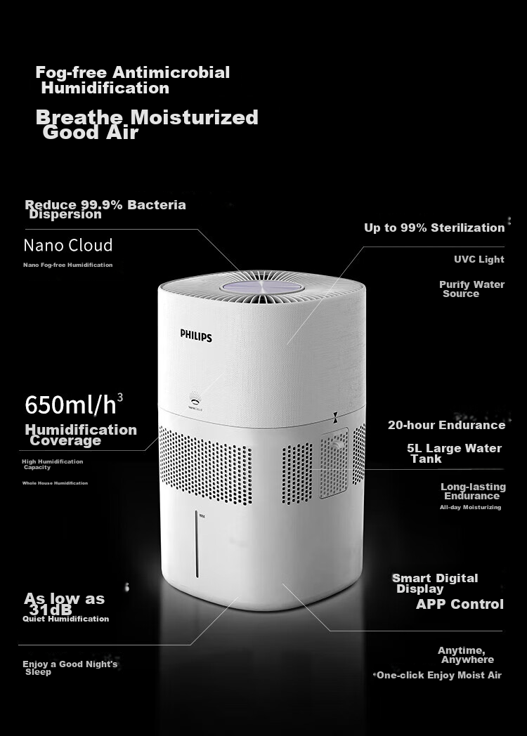 PHILIPS Humidifier for Home Bedroom, Mother And Baby Use, Quiet, Antibacterial, No Mist, Air Conditioner Humidifier, for Rhinitis, Pregnant Women, Infants, Small Desktop Large Capacity HU5969 Gift 2