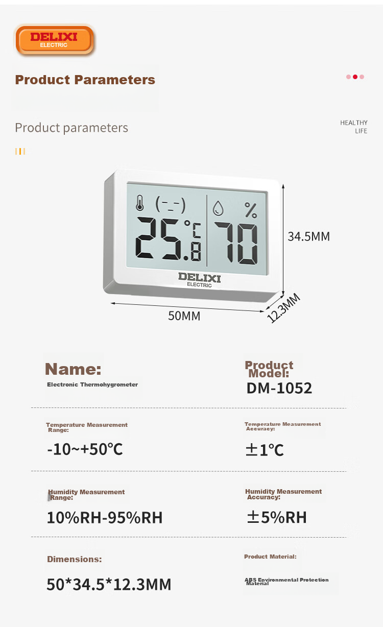 DELIXI ELECTRIC Thermometer And Hygrometer, High-Precision Digital Display, Baby Room Home Use, Wall-Mounted, Dual-Use for Dry And Wet Environments, ABS Electronic, Indoor 13