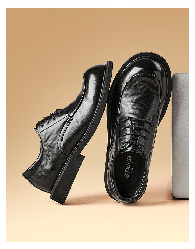 St&Sat Men's Shoes, Top-Grain Leather, Formal Business Dress Shoes, Lace-Up, Commuter-Friendly, Lightweight Casual Leather Shoes for Men, Black, Size 40 1