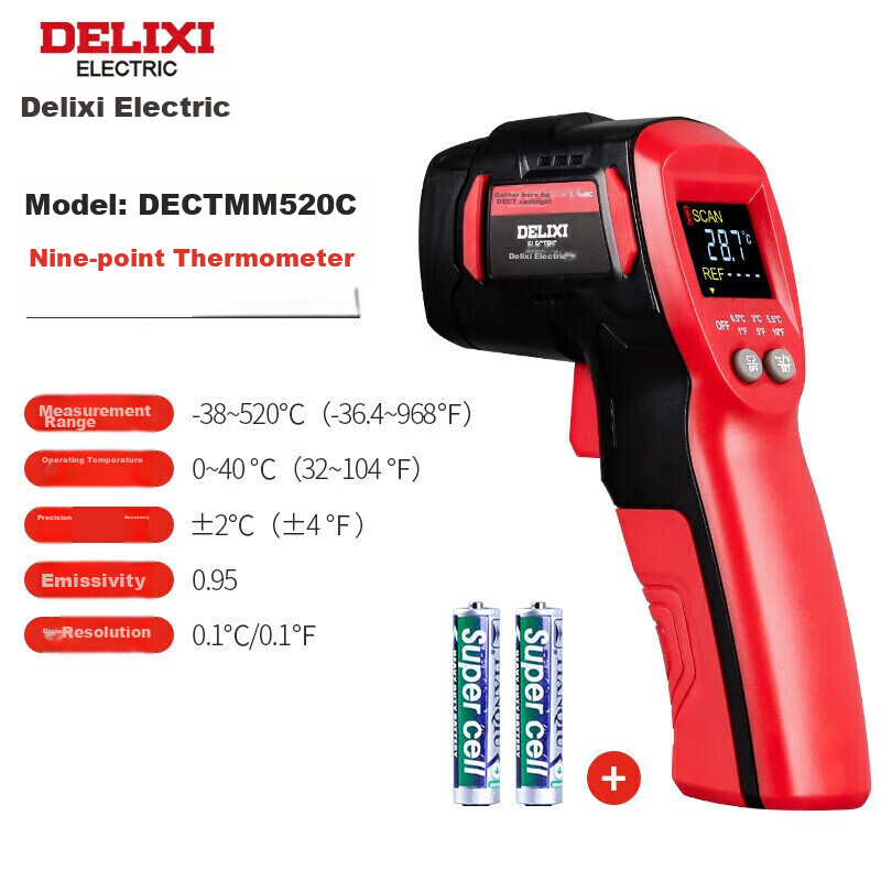 DELIXI ELECTRIC Infrared Thermometer, High-Precision Temperature Gun with Color Screen Display, Handheld Industrial-Grade Thermometer, Multi-Point Temperature Measurement