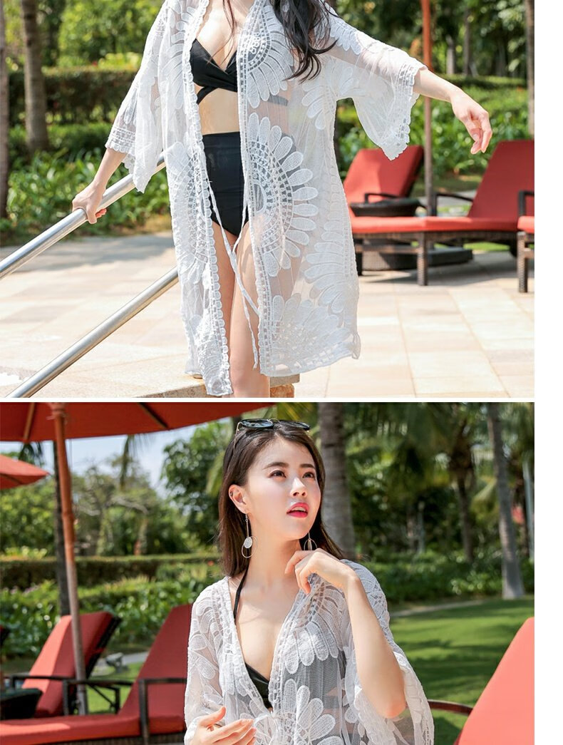 DK Seaside Sun Protection Clothing, Beach Cardigan Swimwear, Shawl Cover-Up, Hot Spring Mesh Jacket, Outer Wear, White 10