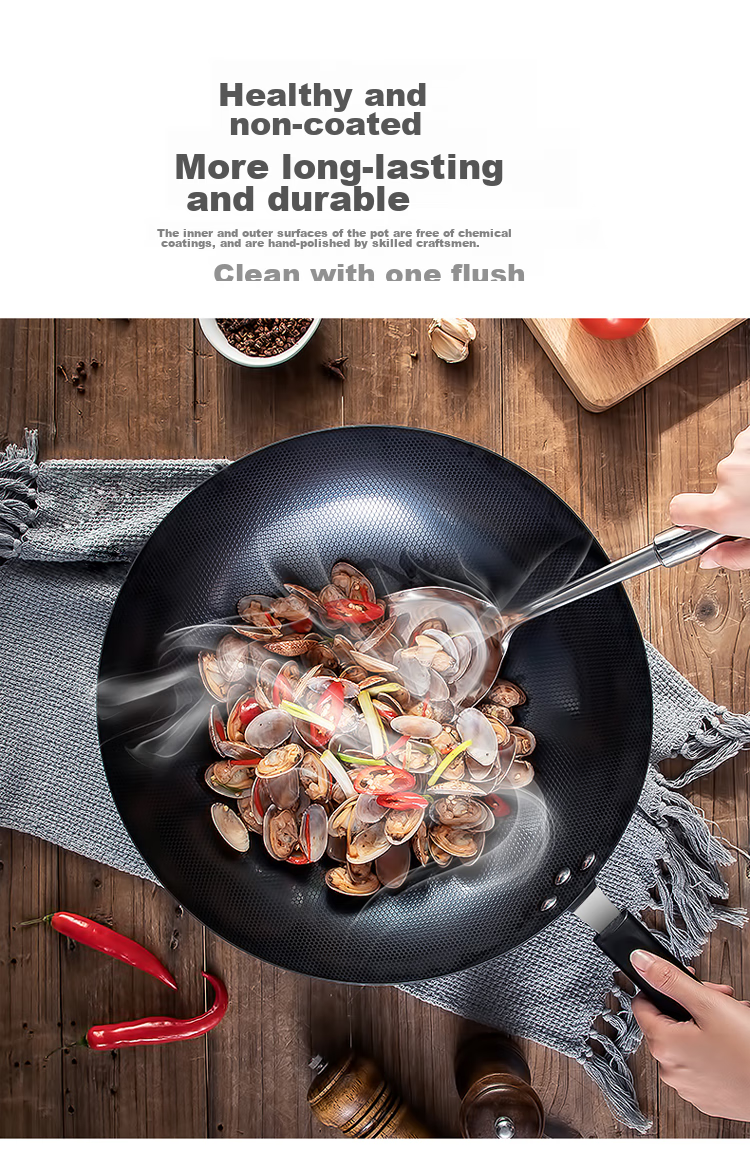 MAXCOOK Wok Iron Pan 30CM Compatible with Gas And Induction Stoves, Non-Coated, Suitable for Iron Spatula MDB-30 4