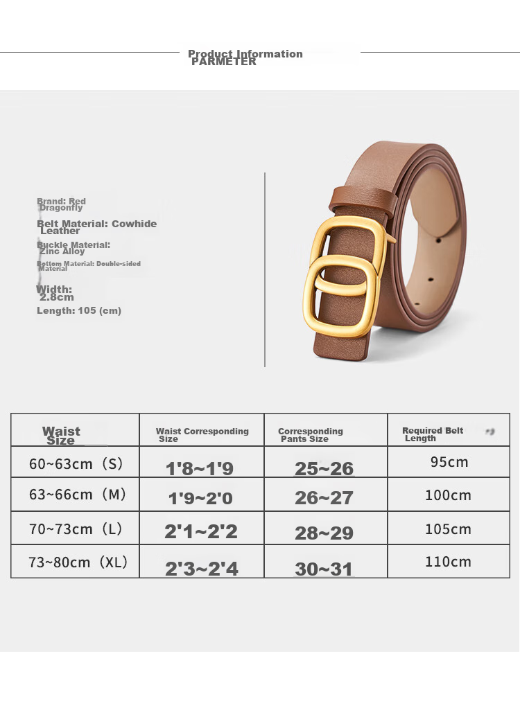 RED DRAGONFLY Leather Women's Casual Versatile Belt with Pin Buckle, No Drilling Required, Birthday Gift for Girlfriend Or Wife, Comes with Gift Box 20