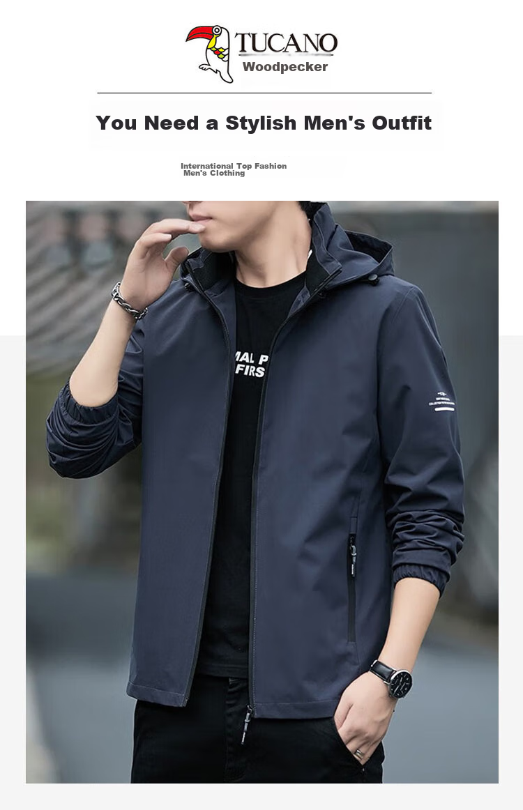 TUCANO Men's Jacket, Spring And Autumn Hooded Coat, Business Casual Loose Outdoor Windbreaker for Men, Black, 4XL 1