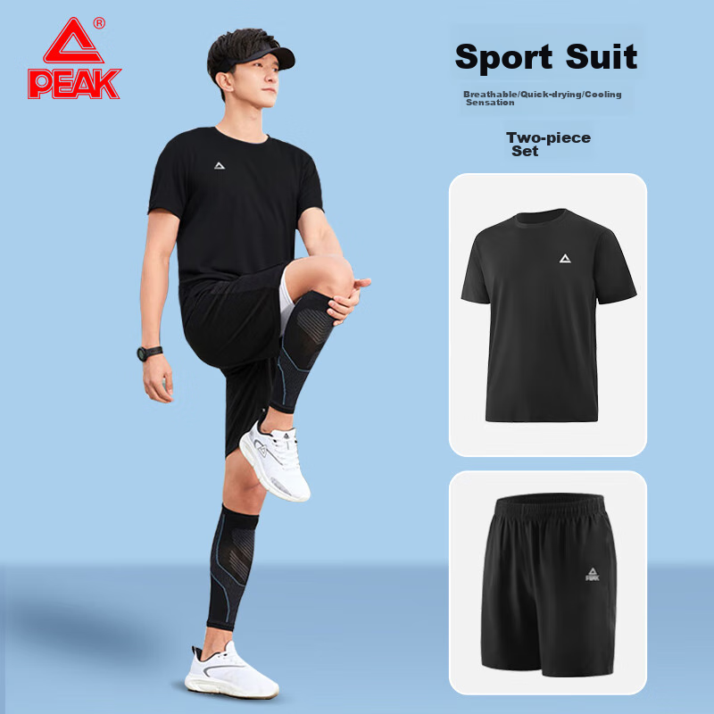 PEAK Sports Outfit Set for Men, Short-Sleeve Shorts, Summer Breathable Quick-Dry T-Shirt, Men's Running Casual Fitness Wear, Training And Morning Jogging
