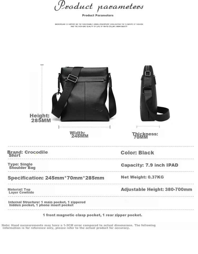 CROCODILE Top-Grain Leather Shoulder Bag, Men's Business Casual Crossbody Bag, Gift for Boyfriend, 2259 15