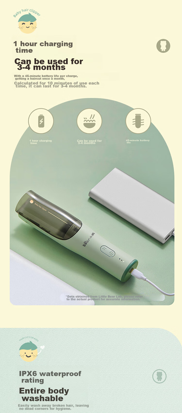 Bear Professional Baby Hair Clipper, Children's Electric Trimmer with Low Noise, Long Battery Life, Automatic Hair Suction, Fully Washable P05G1 14