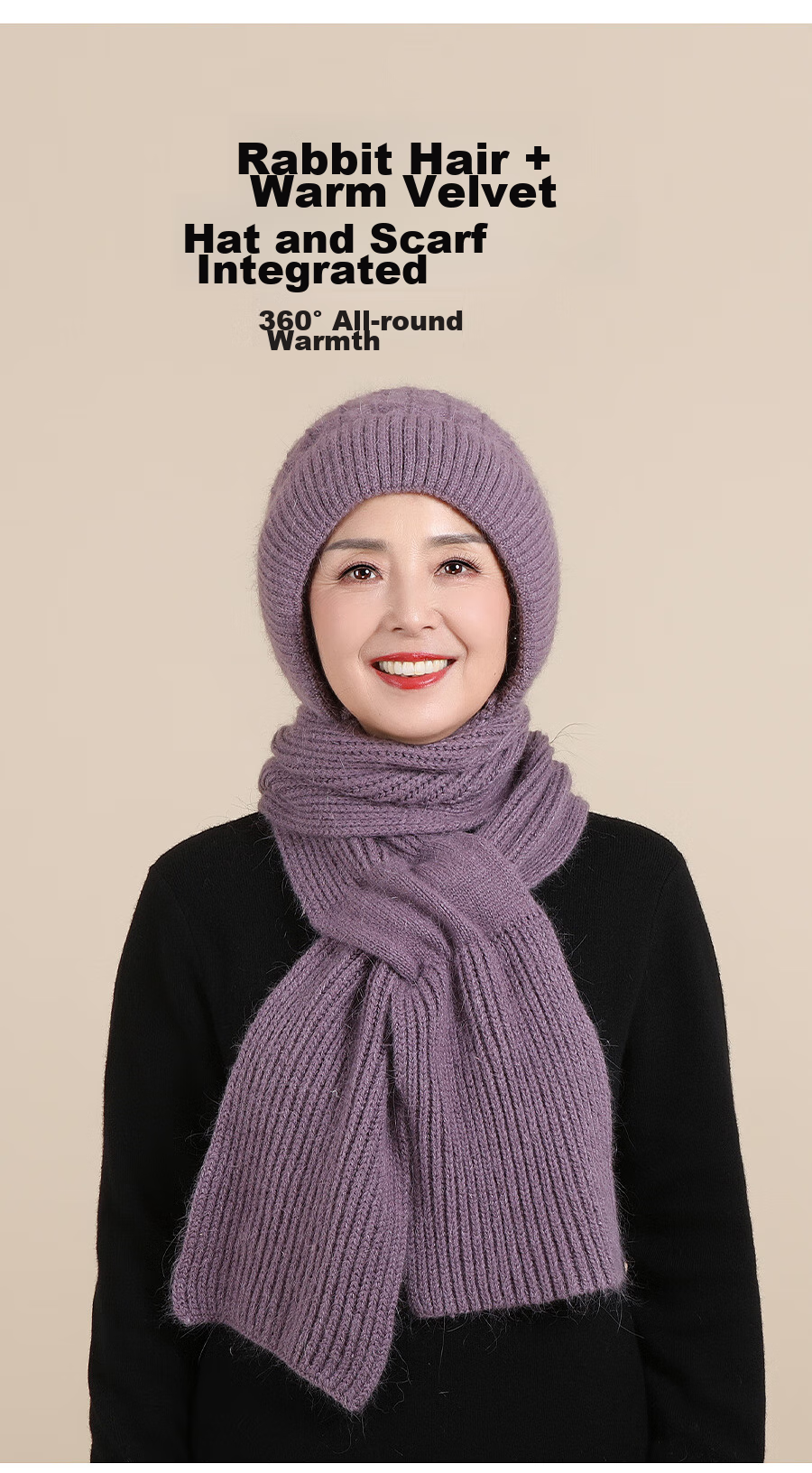 Hengyuanxiang Middle-Aged And Elderly Hat Scarf Integrated Knitted Cap, Winter Warm Rabbit Fur Fleece-Lined Gift for Elders 6