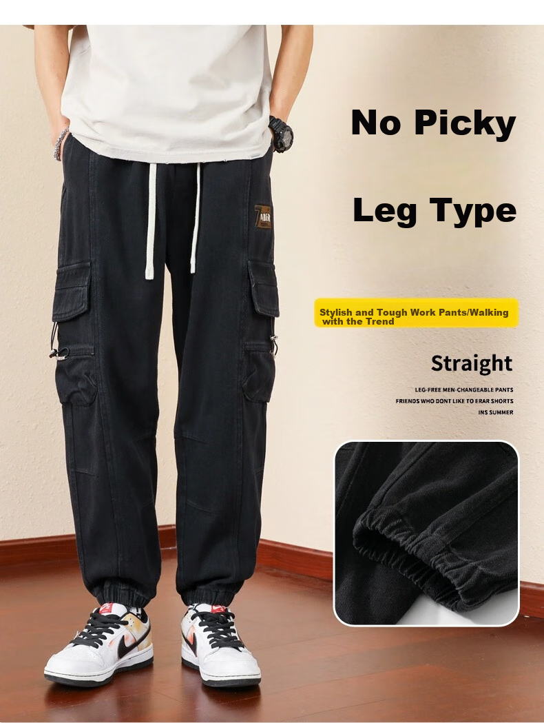Homlean Army Green American-Style Loose Casual Cargo Pants, Summer Trendy Brand, Elastic Ankle, Pure Cotton, Plus Size Long Trousers, K501 Army Green 2XL 2