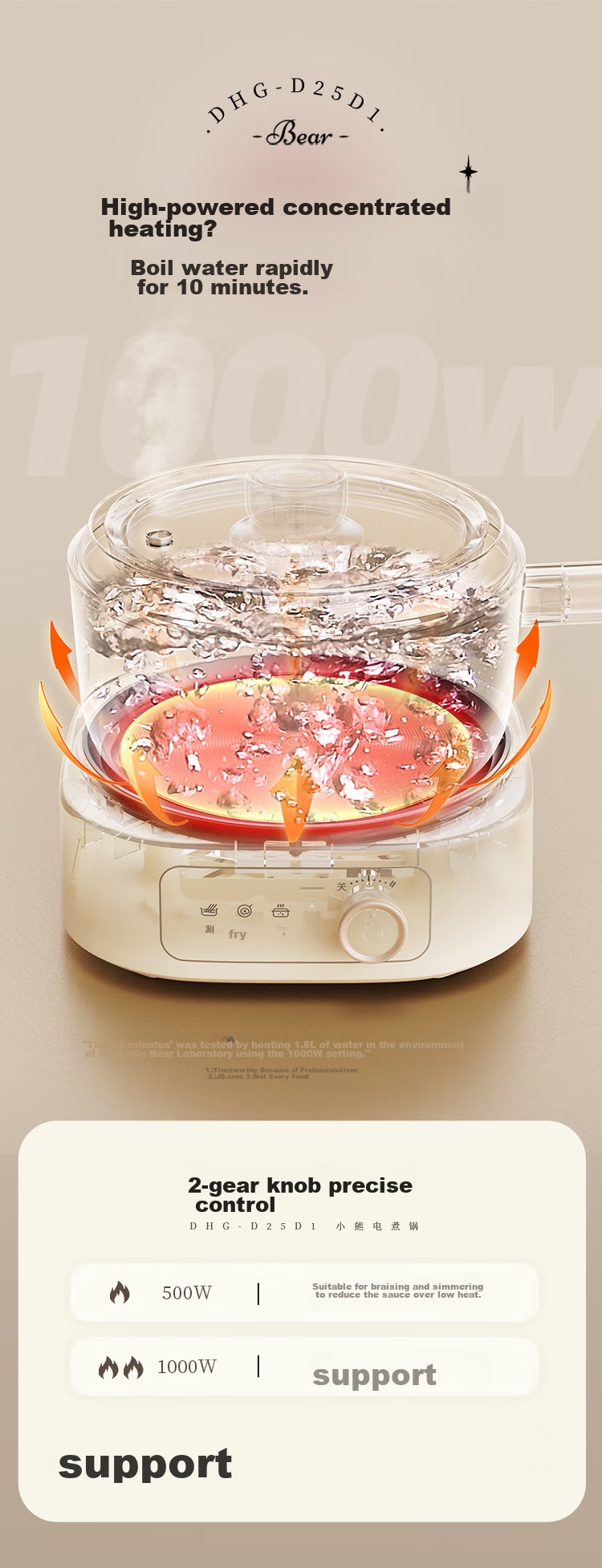 Bear Split Electric Cooking Pot, for 1-2 People, Dorm Small Electric Cooker, Can Boil Rice, Multifunctional Noodle Pot, 0 Coating Stainless Steel Household 1.7L with Steamer M17B3 9