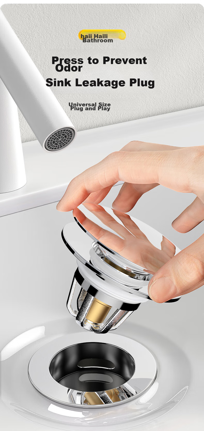 Haili Copper Washbasin Drain Stopper, Bathroom Cabinet Anti-Odor Push-Button Drain, Spring-Loaded Filter Cartridge, Universal X12 1