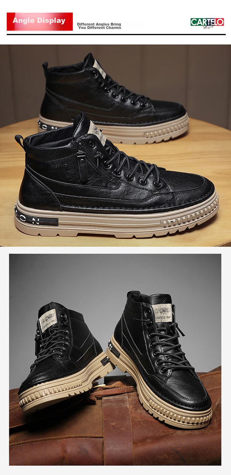 CARTELO Men's Shoes, Spring 2026 Popular High-Top Casual Leather Shoes, Thick-Soled Work Boots for Men, Black, Size 43 13