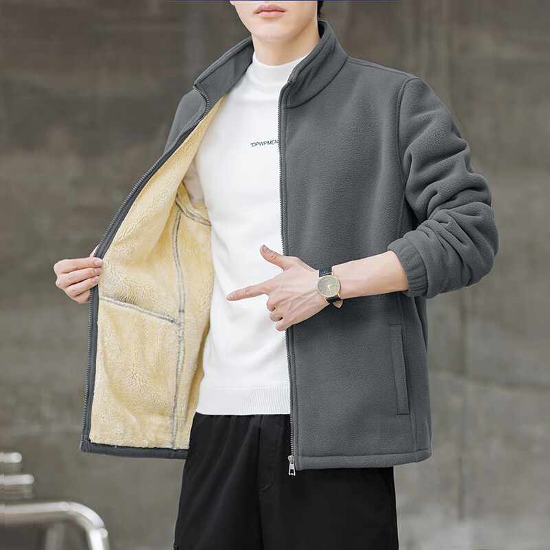 Dingfengbaoluo Men's Minimalist Winter Fleece Lined Polar Fleece Warm Stand Collar Casual Jacket BY19 Gray 3XL