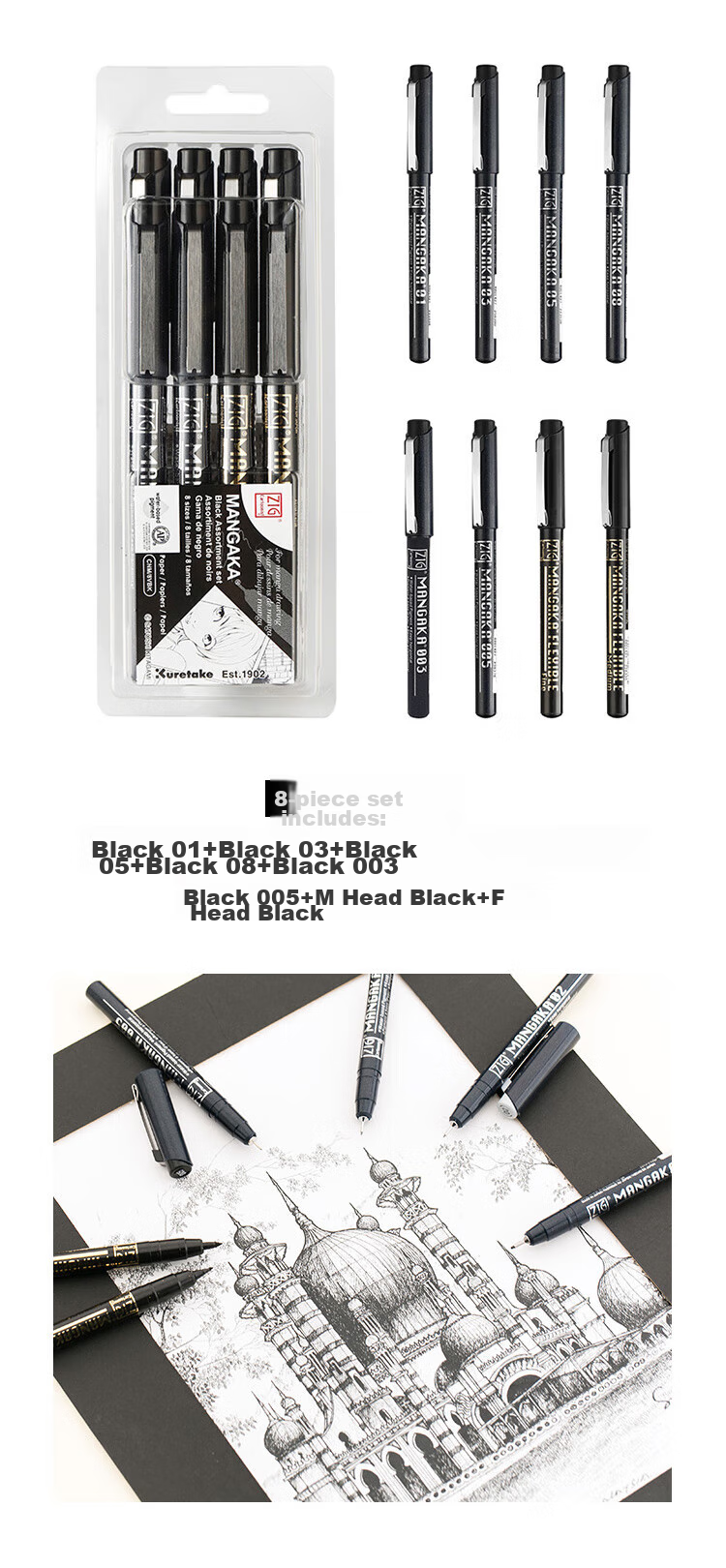 KURETAKE Line Pen, Comic Needle Tip Pen, Hand-Drawn Sketching Design Outlining Waterproof Comic-Specific Brush, Art-Specific Watercolor Anime Drawing Pen, Black CNM-08 10