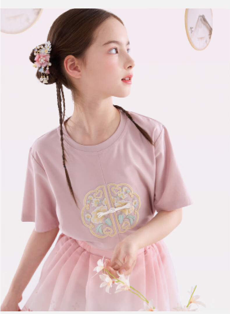 Duomiaowu Girls' Short-Sleeve T-Shirt, Summer Children's Top, Big Kids' Chinese-Style Summer Outfit, Stylish Undershirt, 81869 White, Size 120 4